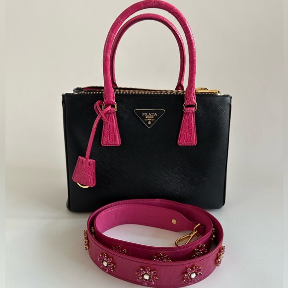 AUTH PRADA Vitello Black & Pink Saffiano Leather Crocodile Double Zip Small Tote - Picture 13 of 15